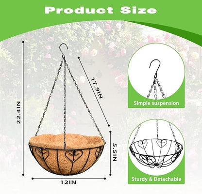 2 Pack 12 Inch Black Metal Hanging Basket Hanging Planter with Coco Coir Liner Heavy Duty Hanging Flower Pot Holder for Indoor Outdoor Patio Garden Porch Balcony Decor (Heart-Shaped)