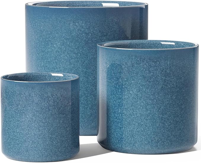 LE TAUCI 10+8+6 Inch Ceramic Pots for Plants, Indoor Planters with Drainage Hole and Plug, Modern Cylinder Flower Pots Set of 3 for Living Room and Bedroom, Glossy, Harbor Blue