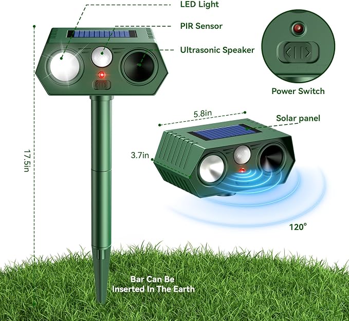2026 Upgraded Solar Ultrasonic Animal Repeller Outdoor Deer Repellent Devices Waterproof, Motion Activated Animal Deterrent Devices to Scare Cat Squirrel Rabbit Raccoon Skunk for Yard Garden (2-Pack)