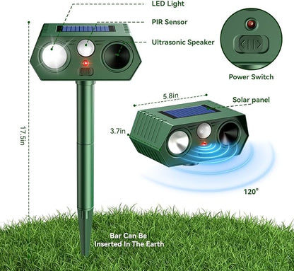2026 Upgraded Solar Ultrasonic Animal Repeller Outdoor Deer Repellent Devices Waterproof, Motion Activated Animal Deterrent Devices to Scare Cat Squirrel Rabbit Raccoon Skunk for Yard Garden (2-Pack)