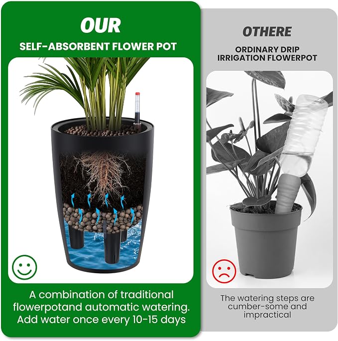 Garvee Tall Planters for Outdoor Plants, 16 in Large Planters Set of 4, Outdoor & Indoor Planters with Water Level Monitor ＆ Inner Bucket, Automatic Watering, for Porch, Patio, Backyard, Black