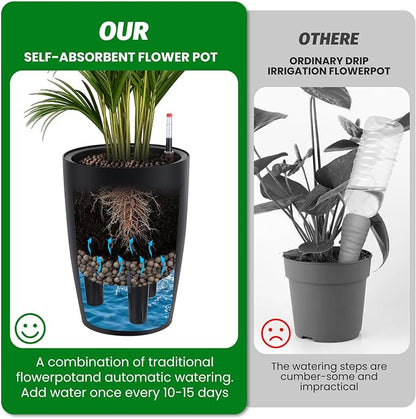 Garvee Tall Planters for Outdoor Plants, 16 in Large Planters Set of 4, Outdoor & Indoor Planters with Water Level Monitor ＆ Inner Bucket, Automatic Watering, for Porch, Patio, Backyard, Black