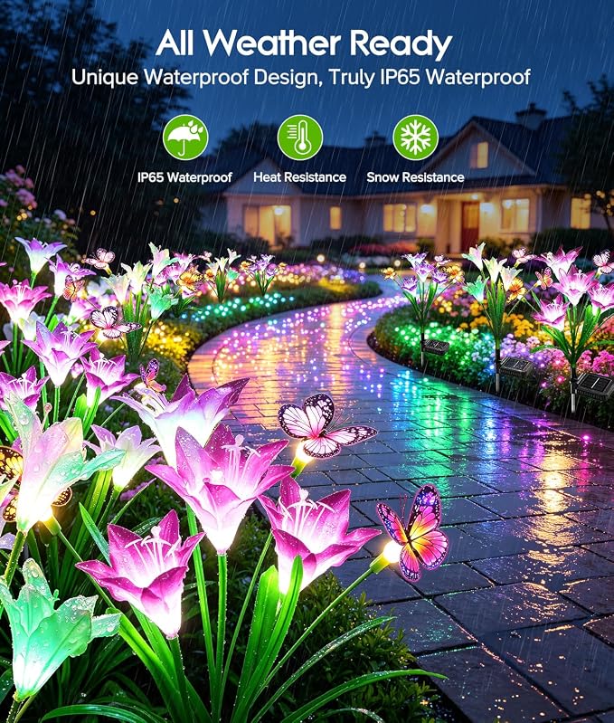 KOOPER Solar Lights Outdoor Garden Decor 4 Pack, 16 Lily Flowers and 12 Swaying Butterflies, IP65 Waterproof 7 Color Changing Solar Flower Lights for Yard Patio Pathway, Gifts for Mom Women Grandma