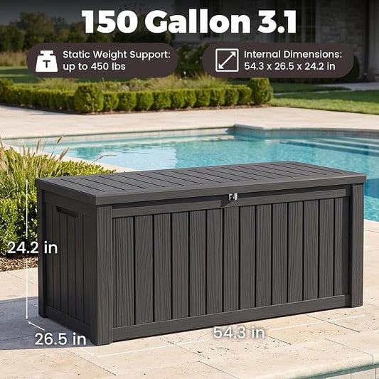 Outdoor Storage Box, 150 Gallon Waterproof Deck Box [Upgraded 3.0], Piston-Assisted Resin Trunk for Sectional Sofa Cushions, High-Capacity Lockable Double Storage Bench, Patio Lounge, Black