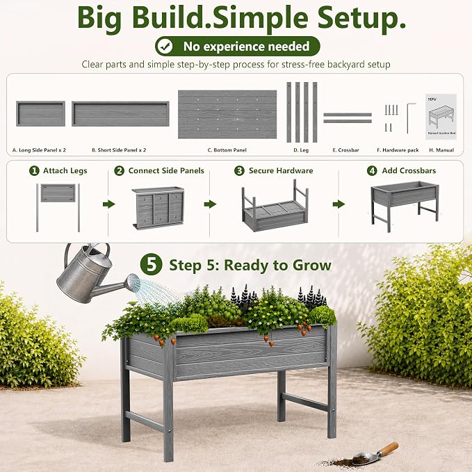 YEFU 48" Raised Garden Bed with Legs, HIPS Outdoor Garden Bed, Grey | Raised Garden Bed with Legs for Patios & Decks, 30" Height, Wood-Look HIPS, Drainage, 385 lbs Support for Vegetables & Herbs