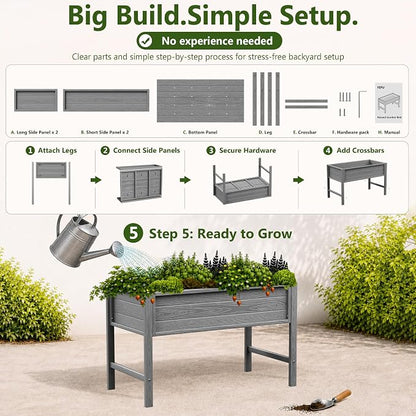 YEFU 48" Raised Garden Bed with Legs, HIPS Outdoor Garden Bed, Grey | Raised Garden Bed with Legs for Patios & Decks, 30" Height, Wood-Look HIPS, Drainage, 385 lbs Support for Vegetables & Herbs