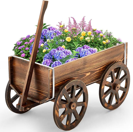Beeveer Wooden Wagon Flower Planter Cart Garden Planter Box with Wagon Wheels Cart for Home Garden Outdoor Balcony Decorative, Patio Flowers Herbs Vegetables, Brown 23.23 x 11.41(Classic)
