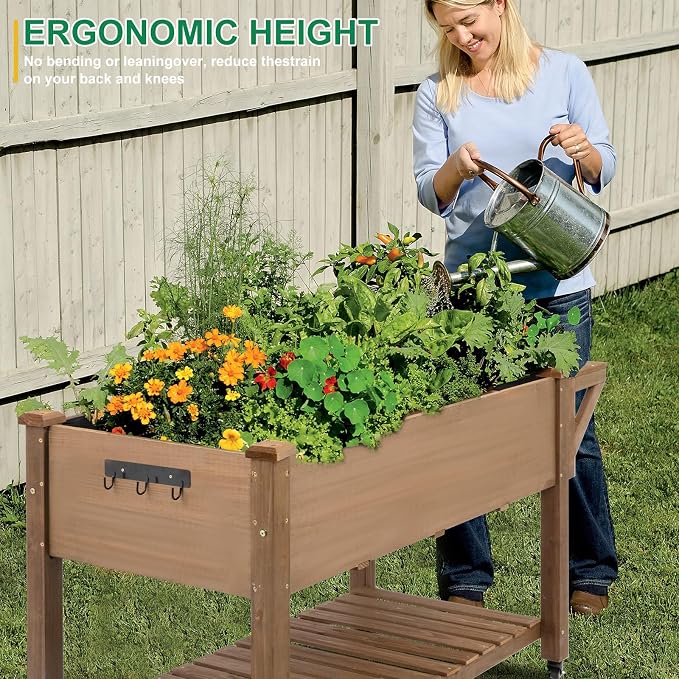 Gowoodhut Raised Garden Bed with Wheels, Wood Elevated Garden Box with W-Connection Tabs，for Vegetable, Flower, Herb, Large Storage Shelf, Easy to Assemble, 55.5x24x32in