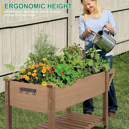 Gowoodhut Raised Garden Bed with Wheels, Wood Elevated Garden Box with W-Connection Tabs，for Vegetable, Flower, Herb, Large Storage Shelf, Easy to Assemble, 55.5x24x32in