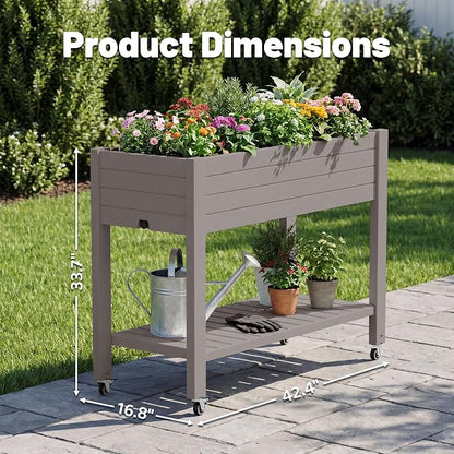 Fancyango Raised Garden Bed with Wheels 33.7" H -Medium Gray | Resin Elevated Garden Planter Box with Drainage, Outdoor Planter Box for Veggies Herbs Patio Balcony Backyard