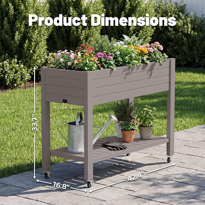 Fancyango Raised Garden Bed with Wheels 33.7" Hx2 -Gray | Resin Elevated Garden Planter Box with Drainage, Outdoor Planter Box for Veggies Herbs Patio Balcony Backyard