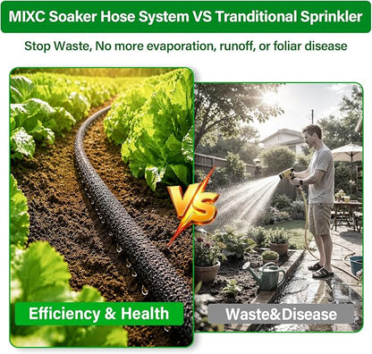 MIXC Drip Irrigation System with 100FT 1/4" Soaker Hose - 80% Water Savings, Weeping Tech for Deeper Root Watering, Garden Kit with 10FT 1/2" Tubing for Raised Beds, Vegetables, Lawn, Greenhouse