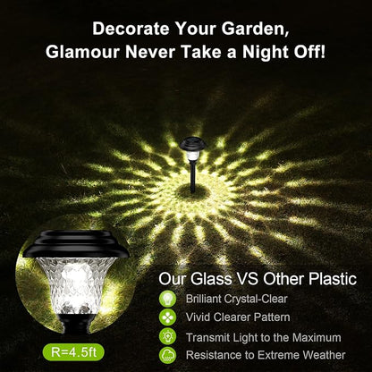 Glass Solar Lights Outdoor waterproof, 2 Pack Super Bright Solar Pathway Lights, Up to 12 Hrs Long Last Auto On/Off Garden Lights Solar Powered, Stainless Steel LED Light For Yard Landscape Cool White