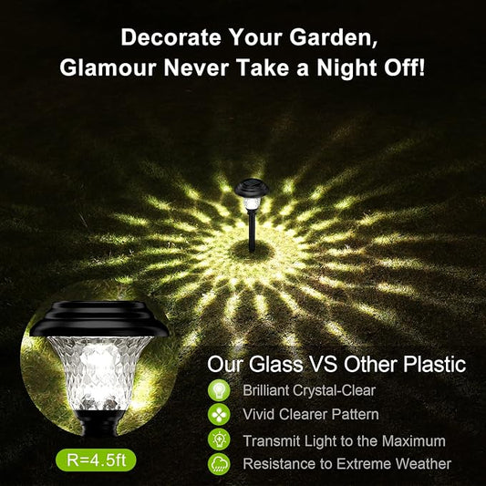 Glass Solar Lights Outdoor waterproof, 2 Pack Super Bright Solar Pathway Lights, Up to 12 Hrs Long Last Auto On/Off Garden Lights Solar Powered, Stainless Steel LED Light For Yard Landscape Cool White