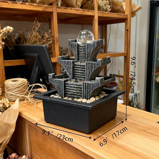 Tabletop Waterfalls Mountain with Pagoda Stepped & Spining Orb, Indoor Soothing Zen Fountain s for Home Office Relaxation