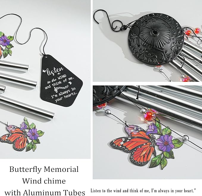 YU FENG Butterfly Memorial Wind Chime, Crystal Suncatcher Outdoor Decor | 34 Inch Metal Wind Chime, Butterfly Design, Sympathy Bereavement Gift, Garden Yard Patio Hanging Decoration