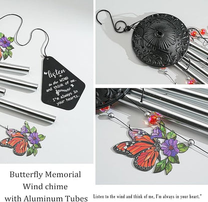 YU FENG Butterfly Memorial Wind Chime, Crystal Suncatcher Outdoor Decor | 34 Inch Metal Wind Chime, Butterfly Design, Sympathy Bereavement Gift, Garden Yard Patio Hanging Decoration