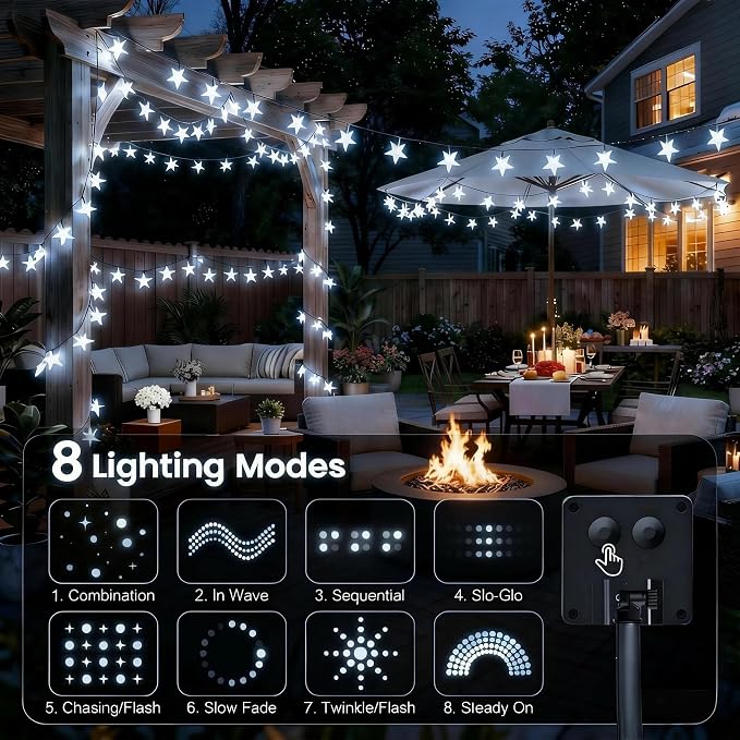 Twinkle Solar Star String Lights Outdoor Waterproof 39FT/100L Fairy Lights | 8 Modes Camping Garden Wedding Party Tree Holidays Backyard Patio Cool White