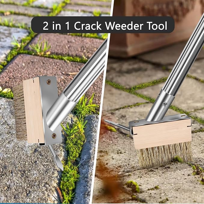 Crack Weeder Tool, Weed Puller Tool with 2 Heads&Scraping Hook, Paver Weeding Moss Remover Brush with Steel Handle for Cleaning Paving Joint Sidewalk Patio Stone Driveway Deck Black