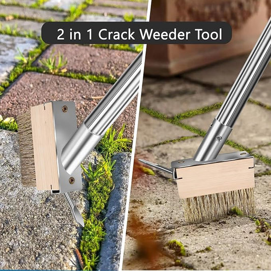Crack Weeder Tool, Weed Puller Tool with 2 Heads&Scraping Hook, Paver Weeding Moss Remover Brush with Steel Handle for Cleaning Paving Joint Sidewalk Patio Stone Driveway Deck Black