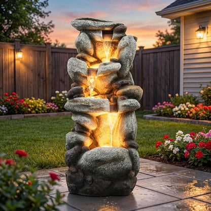 Utym 40" H Oversized Pebbles Rock Outdoor Fountain with Warm LED Lights | 3-Tier Extra-Large Stacked Pebbles River Waterfall with Cascading Water Feature for Garden Patio Yard and Backyard