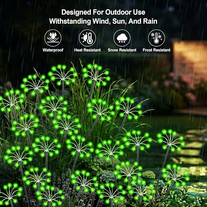 Solar Garden Lights Outdoor, 2 Pack New Upgraded Solar Swaying Starburst Light, Waterproof Fireworks Solar Lights, Yard Patio Pathway Decoration, Green