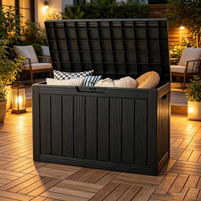 Outdoor Storage Box, Resin Deck Boxes outdoor, Waterproof Storage Box Lockable Lid (Black, 45 Gallon)