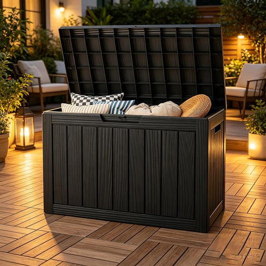 Outdoor Storage Box, Resin Deck Boxes outdoor, Waterproof Storage Box Lockable Lid (Black, 50 Gallon)