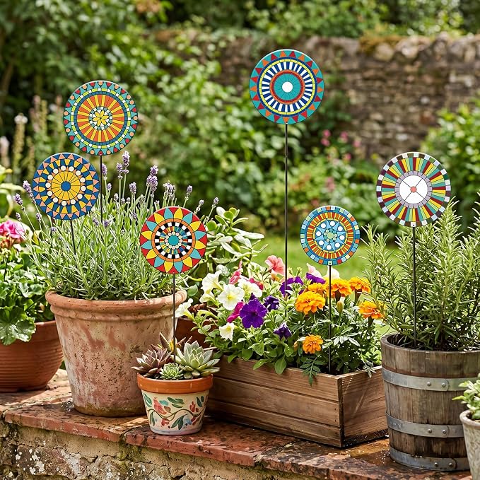 RattanView 6 Pcs Metal Flowers Garden Stake Decor for Outside 11.8 Inch Mandala Flowers Decorative Stakes Yard Decorations Outdoor Yard Art Garden Decorations for Lawn Porch Pathway Patio