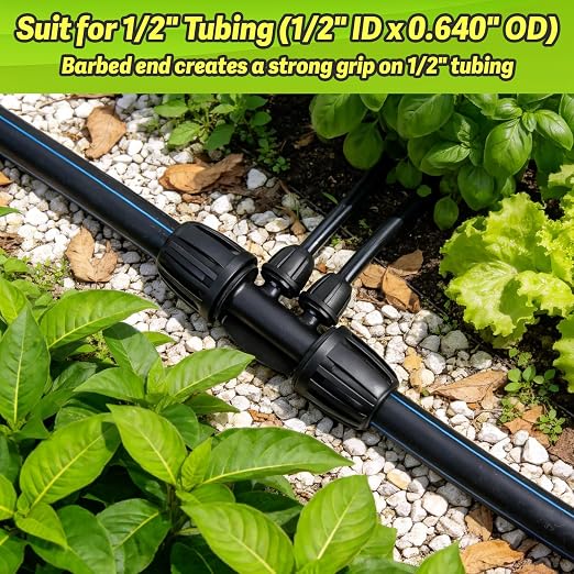 12 Pcs 1/2 Inch To 1/4 Inch Irrigation Tubing Fittings, 1/2"(1/2" ID x 0.65" OD) To 1/4" Drip Barbed Tee Adapter 16mm Anti-Drop Locked Nut T Reducer To 1/4" Distribution Line Connector