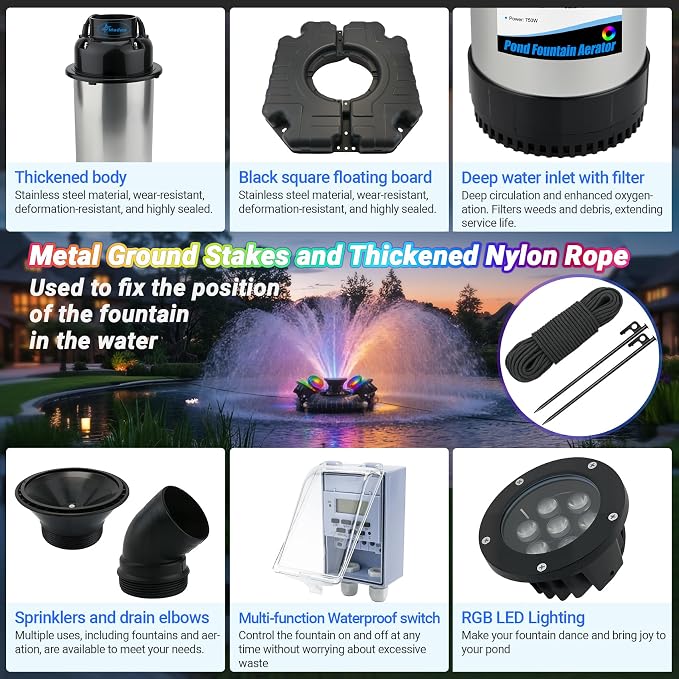 Pond Fountain Aerator with Lights, Large Fountain for Pond Lake Fish Farm | 750W 15000GPH 1HP 110V Fountain, Dynamic 4 RGB Lights, 10 Light Modes, Fully Automatic Stainless Steel Fountain, 100Ft Cord