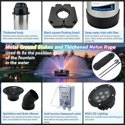 Pond Fountain Aerator with Lights, Large Fountain for Pond Lake Fish Farm | 750W 15000GPH 1HP 110V Fountain, Dynamic 4 RGB Lights, 10 Light Modes, Fully Automatic Stainless Steel Fountain, 100Ft Cord