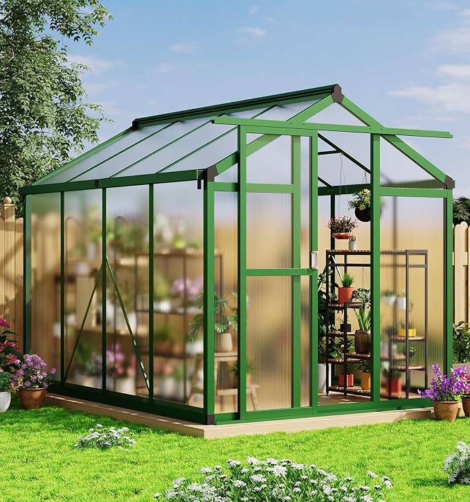 Garvee 6x8ft Walk-in Greenhouse, Heavy Duty Large Outdoor Green House | Polycarbonate Garden Greenhouse with Roof Vent, Lockable Smooth-Gliding Sliding Door & Aluminium Frame for Backyard, Green