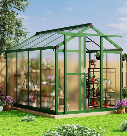 Garvee 6x8ft Walk-in Greenhouse, Heavy Duty Large Outdoor Green House | Polycarbonate Garden Greenhouse with Roof Vent, Lockable Smooth-Gliding Sliding Door & Aluminium Frame for Backyard, Green