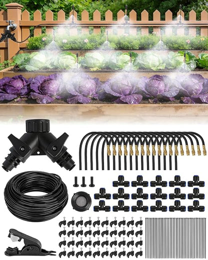 120FT Drip Irrigation System for Garden with 18 Nozzles –360° Adjustable Misting Nozzles, Quick-Connect Design, Ideal for Raised Beds, Lawns, Greenhouses & Outdoor Cooling