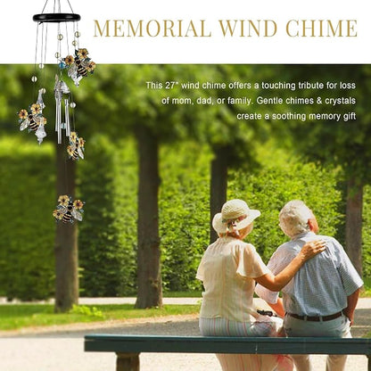 27'' Memorial Bee Wind Chimes with Crystals for Outside,Garden Patio Decor | Sympathy & Memorial Gift,Handcrafted Bee Design,Durable Indoor/Outdoor Decor,Thoughtful Gift for Mom/Grandma,Easy-to-Hang