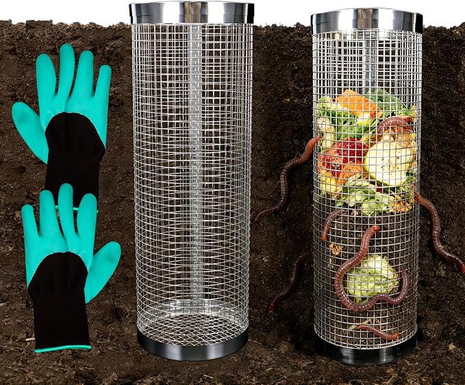 2 Pack Underground Worm Composting Bin with Gardening Gloves - Small Round Metal Stainless Steel Composter for Family Garden, Outdoor Compost Bins (2)