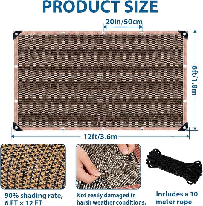 6 x 12 FT 90% Sun Shade Cloth Outdoor Patio Mocha Pergola Shades Cover Privacy Screen UV Block Porch Screens Canopy for Patio Outside Outdoor