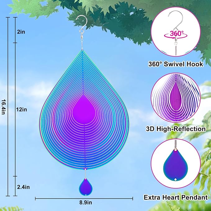 Stainless Steel Wind Spinner Outdoor Garden Decor, Gifts for Women Mom, 3D Metal Reflective Hanging Wind Spinners Sculpture for Outside Patio Garden Yard Porch Decorations (Colorful Droplet, 12 Inch)