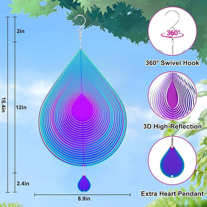 Stainless Steel Wind Spinner Outdoor Garden Decor, Gifts for Women Mom, 3D Metal Reflective Hanging Wind Spinners Sculpture for Outside Patio Garden Yard Porch Decorations (Colorful Droplet, 12 Inch)