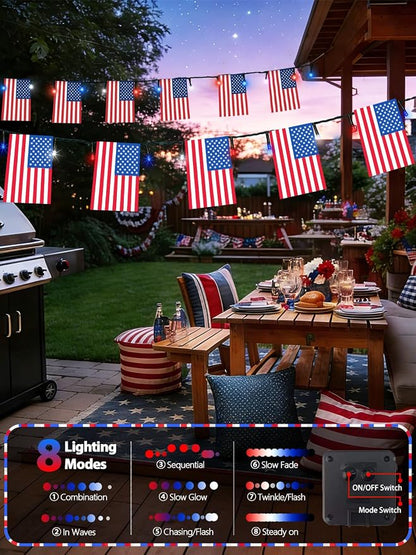4th of July Decorations 2 Pack 100 LED Solar American Flag Lights Outdoor | 50 USA Flags, 8 Modes, Memory Function, Auto On/Off, 37.6FT Waterproof String Lights for 250th Anniversary Patriotic Decor