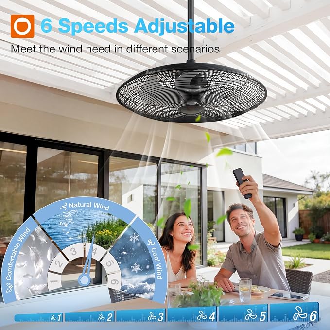 addlon Outdoor Ceiling Fan for Patios, 24 inch Black Waterproof Gazebo Fan Remote&APP Control, 6 Speeds, Noiseless, Reversible, Plug in Hook Mount Ceiling Fan for Pergola Canopy Porch