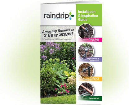 Raindrip SDGCBHP Automatic Drip Irrigation Watering Kit with Timer for Ground Cover & Flower Beds, Waters up to 200 Sq. ft, Timer with Customizable Settings & 13 GPH Half-Circle Adjustable Sprayers, Black;Galvanized Steel;Brown