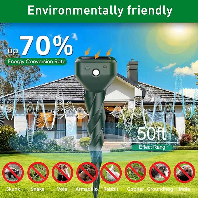 Mole Repellent Solar Powered, 8 Pack Snake & Skunk Repellent for Yard, IP 65 Waterproof Ultrasonic Deterrent Stakes, Get Rid of Rabbit, Gopher, Vole, Chipmunk, Deer, Groundhog for Lawns Garden