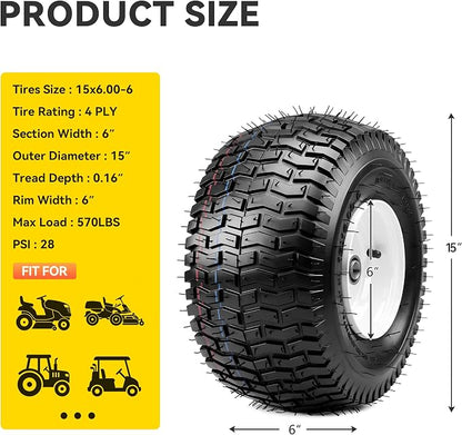 YITAMOTOR 15x6.00-6 Flat Free Lawn Mower Tires & Wheel Assemblies, 4 Ply Pneumatic Front Tires Replacement Fits John Deere, Lawn Tractors, More Riding Mowers | 3" Centered Hub, 3/4" Bearings (2 Pack)
