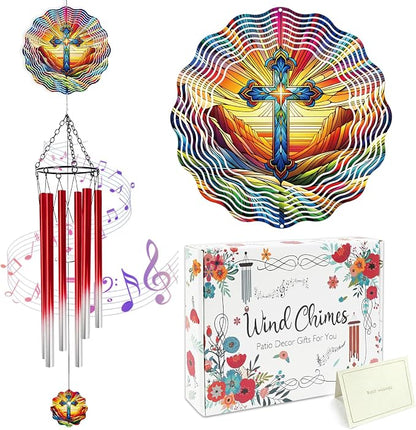 Colorful Cross Wind Chimes for Outside with Wind Spinner, Outdoor Summer Garden Patio Yard Porch Decor, Religious Cross Wind Chime with Gift Box, Christian Gifts for Women Mom