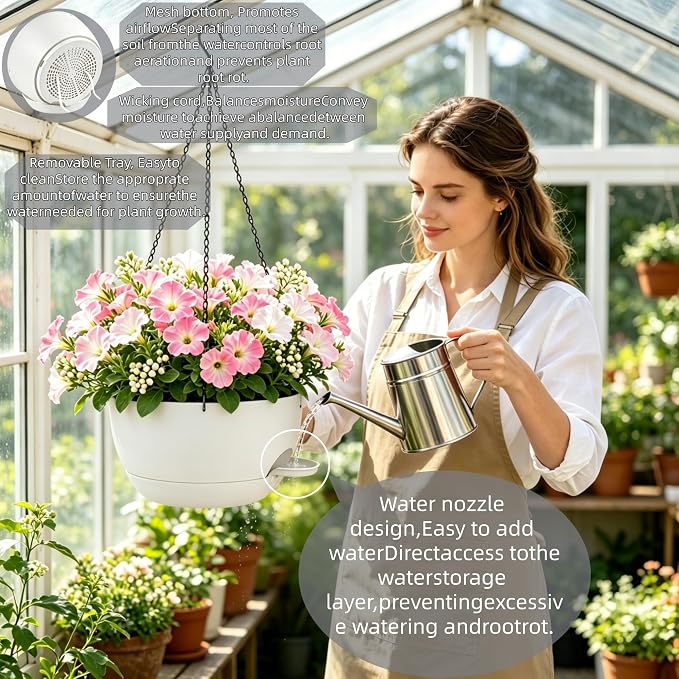 Set of 4-8 Inch Self Watering Hanging Planters for Indoor Outdoor，Hanging Plant Pots with Drainage & Removable Tray, Hanging Pots Holder for Ivy, Pothos, Ferns, Balcony & Patio, White