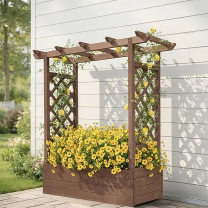 Vasitelan Raised Garden Bed with Trellis, Wooden Elevated Planter Box w/Drainage Holes & Removable Bottom Panels for Climbing Vine Flower, Indoor Outdoor Wood Planter for Yard Patio (Brown)