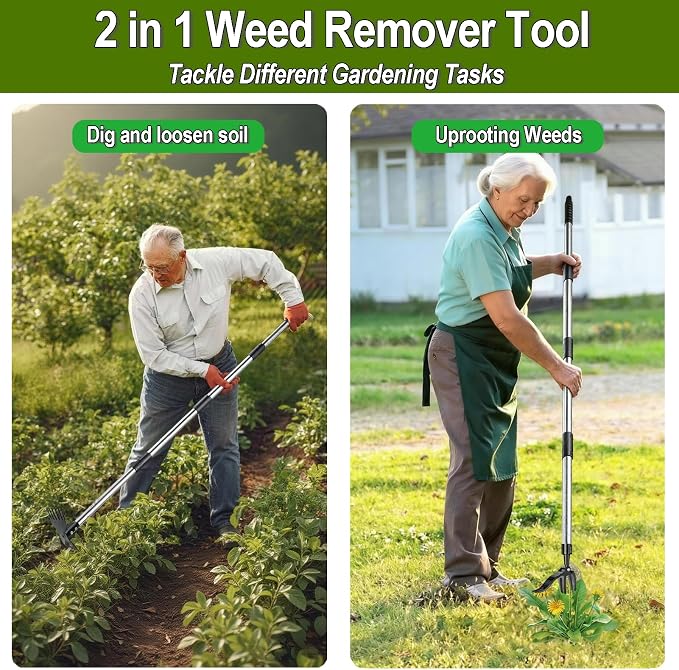 Stand Up Weed Puller Tool with 58" Adjustable Long Handle, 2 in 1 Heavy Duty Manual Weeder & Garden Hoe, 4-Claw Steel Head Weed Remover with Gloves for Yard Lawn Patio Flower Bed