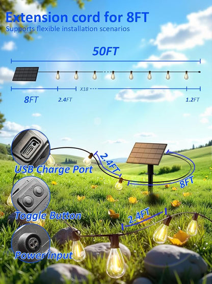 50FT Solar String Lights Outdoor Waterproof with 18+1 LED Bulbs Long Last for 20+Hrs, Commercial Grade Shatterproof USB Patio Solar Powered Lights for Camping，Backyard, Garden, Porch Decor